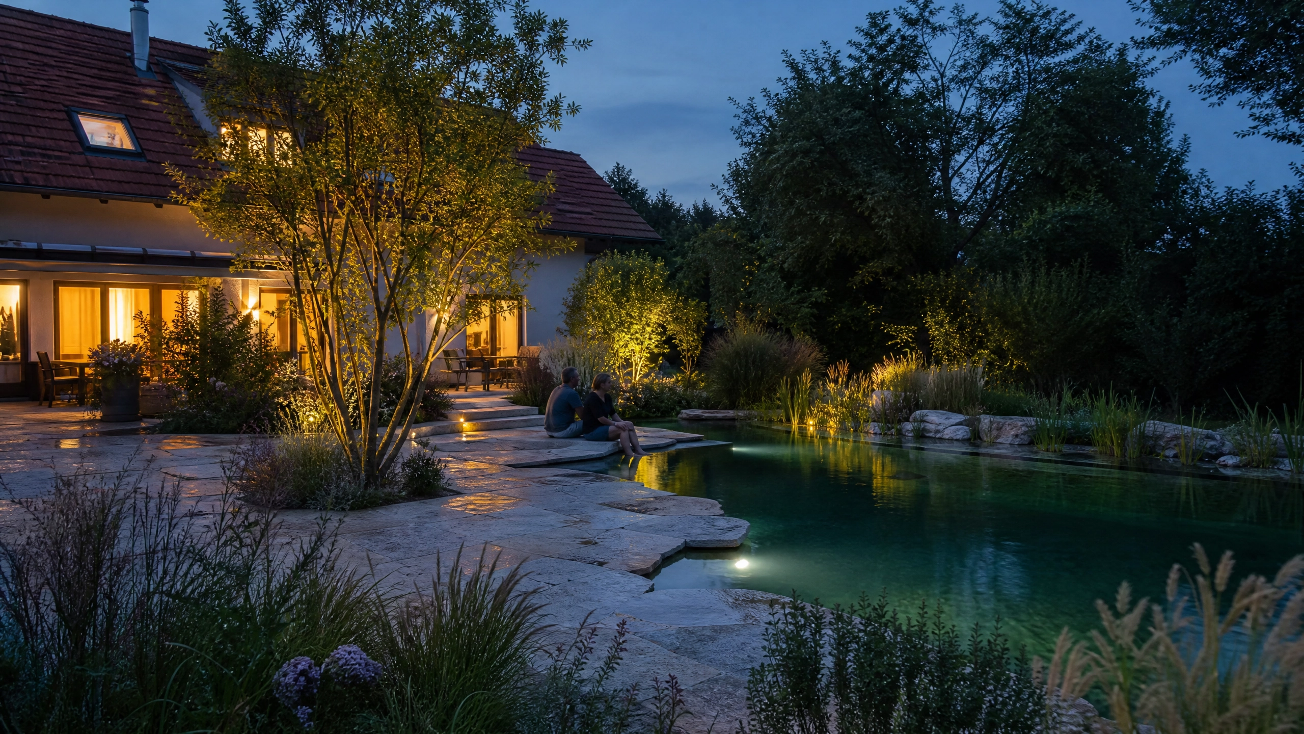 Visualisierung: Schwimmteich mit Natursteinterrasse am Abend